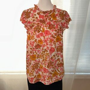 LOFT M White Pink Brown Orange Floral Flutter Sleeve Mock Ruffle Neck Blouse